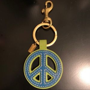 Coach Leather Peace Sign Keychain Green Blue Red